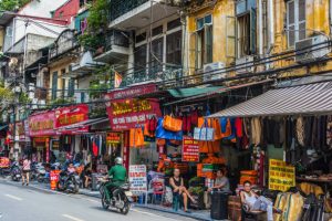 hanoi, vietnam sep 19, 2019: street view of hanoi old quarter, vietnam